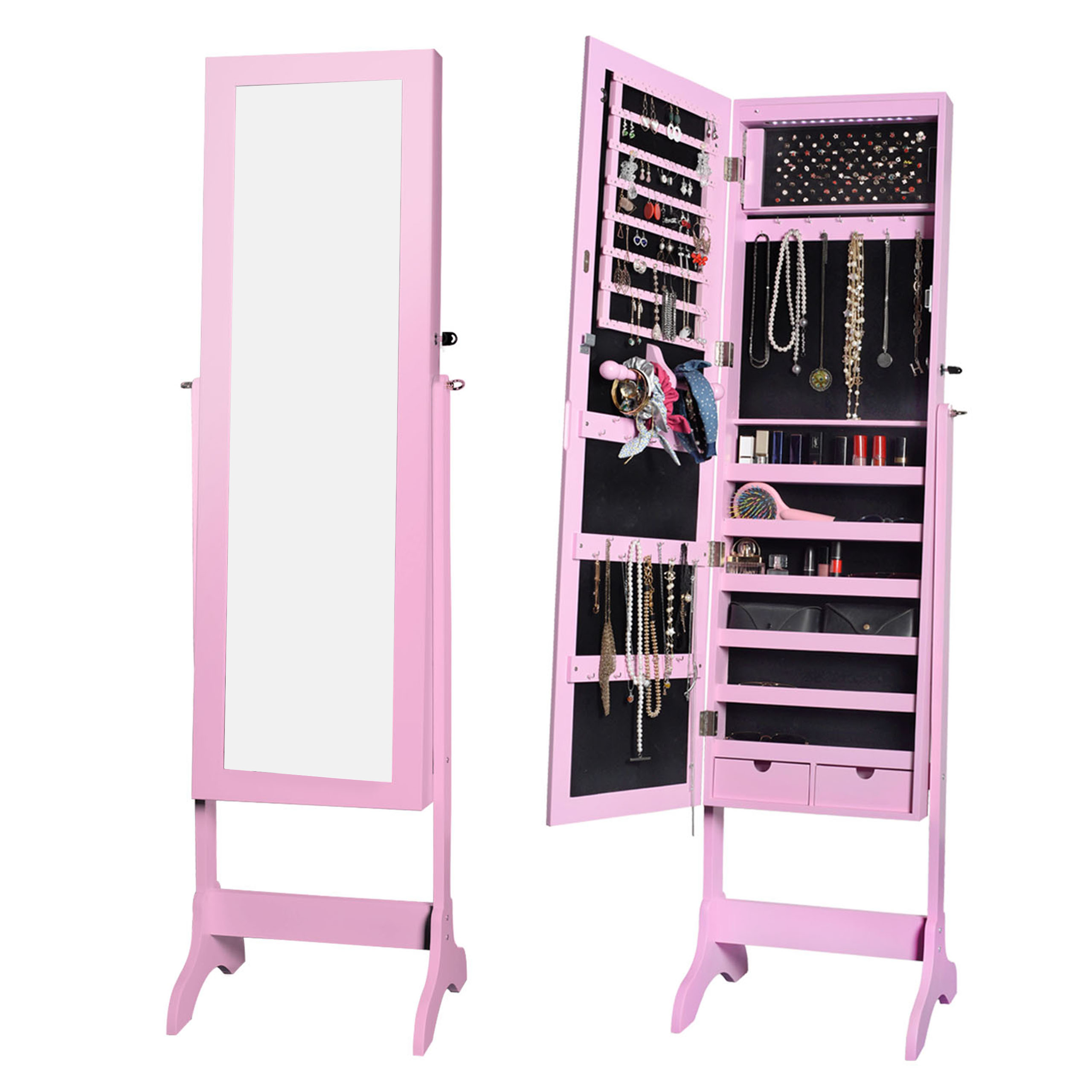 Pink Jewellery Cabinet Mirror Floor Free Standing Bedroom Storage Box Organiser 